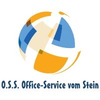 Abstraktes Logo mit blau-orangefarbener Kugel und Text: O.S.S. Office-Service vom Stein.