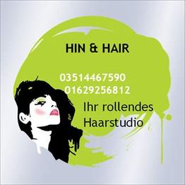 Hintergrund mit grünem Muster, Haarstudio-Text und stilisiertem Frauenportrait. Telefonnummern.
