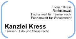 Visitenkarte der Kanzlei Kress für Familien-, Erb- und Steuerrecht mit Florian Kress als Anwalt.