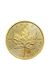 Kanadische Goldmünze mit Ahornblatt, der Schriftzug „FINE GOLD 1 OZ OR PUR“ ist sichtbar.