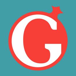 Lettera "G" bianca su sfondo rosso con bordo blu e piccola decorazione a forma di stella.