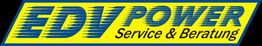 Gelbes Logo mit blauem Text: "EDV POWER Service & Beratung" auf schwarzem Hintergrund.