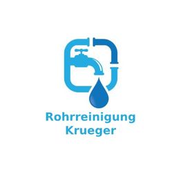 Logo der Firma Rohrreinigung Krueger mit einem blauen Wasserhahn und Tropfen.