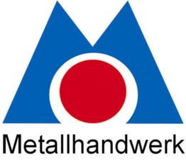 Blaues "M" mit rotem Kreis in der Mitte, darunter steht "Metallhandwerk".