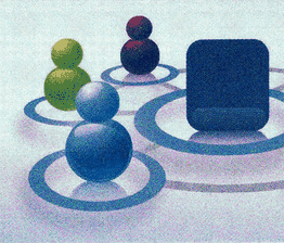 Figuras geométricas coloridas sobre círculos concéntricos en fondo claro.