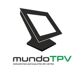 Logotipo de Mundo TPV: pantalla negra con texto "soluciones para punto de venta" en verde.
