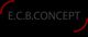 Texte "E.C.B. CONCEPT" en gris avec des arcs rouges sur fond noir.