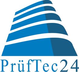 Blaues Logo von PrüfTec24 mit stilisiertem Gebäude.