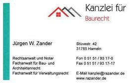 Visitenkarte von Jürgen W. Zander, Kanzlei für Baurecht, mit Kontaktinformationen.