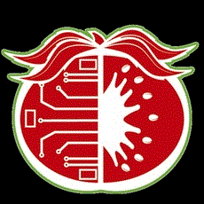 Mitad electrónica y mitad tomate, con hojas verdes arriba.