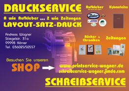 Werbung für Druckservices mit Kontaktinformationen, Website-Links und Bildbeispielen.