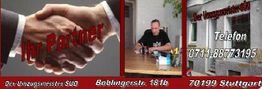 Händedruck, Mann am Schreibtisch, Text mit Umzugsdienst-Adresse und Telefonnummer in Stuttgart.