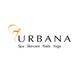 Urbana logo with spa, skincare, nails, and yoga text, featuring a stylized gold figure design.