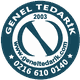 Seal with “GENEL TEDARİK,” logo, website, and phone number in blue and white.