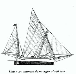 Dibujo de un barco de vela tradicional con un texto en catalán sobre navegación antigua.