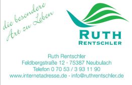Visitenkarte von Ruth Rentschler mit Kontaktdaten und grünem Logo.