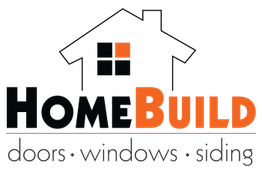 Logo of "HomeBuild" with a house outline, offering doors, windows, and siding services.
