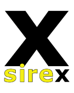 Schwarzes "X" mit gelbem Text "sirex" darunter, ebenfalls ein kleines schwarzes "x".