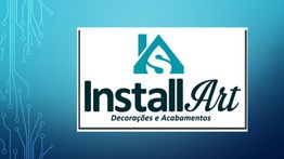 Logotipo da InstallArt sobre fundo azul, texto: "InstalArt Decorações e Acabamentos".