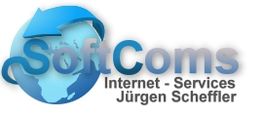 Logo von SoftComs, Internet-Dienste Jürgen Scheffler, mit Globus und Pfeil in Blau.