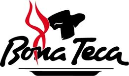 Logotipo con texto "Bona Teca", un gorro de chef y líneas rojas simulando vapor.