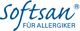 Logo mit blauem Text "softsan® FÜR ALLERGIKER" auf weißem Hintergrund.