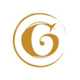 Logo dorato con una G stilizzata all'interno di un cerchio su sfondo trasparente.