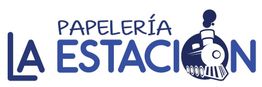 Logotipo de Papelería "La Estación" con dibujo de una locomotora azul a la derecha.