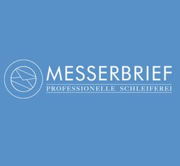 Blaues Logo mit Kreis und Text: "MESSERBRIEF, PROFESSIONELLE SCHLEIFEREI."