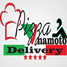 Logo de pizzaria com texto "Pizza Hanamoto Delivery" e ícones de chapéu de chef e pizzaiolo.