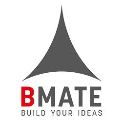Logo BMATE con una forma triangolare grigia e testo "BUILD YOUR IDEAS" sotto.