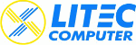 Logo mit einem blauen "LITEC COMPUTER" Schriftzug und gelbem Kreis mit X-Muster.