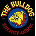 The Bulldog Energy-Drink-Logo mit einem gelben Bulldoggenkopf in einem blauen Kreis.