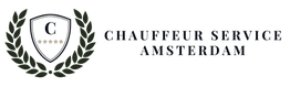 Logo met schild en lauwerkrans, tekst: "Chauffeur Service Amsterdam".