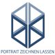 3D-Logo mit geometrischem Muster in Blau, darunter der Text: "PORTRAIT ZEICHNEN LASSEN".