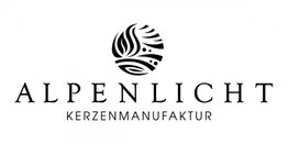 Alpenlicht Logo mit stilisiertem Flammensymbol und Text "Kerzenmanufaktur" darunter.