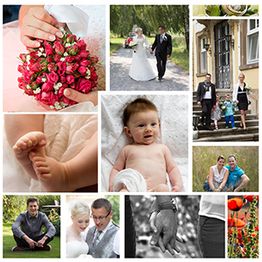 Collage von Hochzeits- und Familienfotos: Brautpaar, Baby, Eltern, Blumenstrauß, gehende Hände.