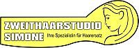 Gelbes Logo "Zweithaarstudio Simone - Ihre Spezialistin für Haarersatz" mit Frauensilhouette.