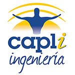 Logo de Capli Ingeniería con figura azul y fondo amarillo.