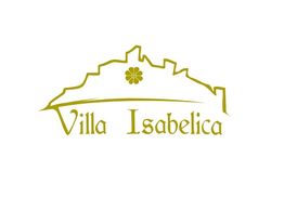 Logo de Villa Isabelica con una silueta de edificio y una flor en el centro, en color dorado.