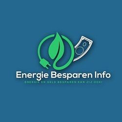 Logo van Energie Besparen Info met een groene stekker en blad op blauwe achtergrond.