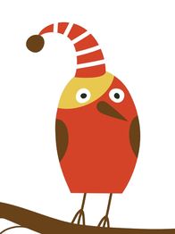 Illustration eines roten Vogels mit gestreifter Mütze auf einem Ast.