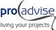 Logo mit Text "proadvise" und Slogan "living your projects".
