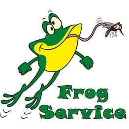 Rana verde con mosca sulla lingua e testo "Frog Service" in verde.