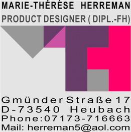 Visitenkarte von Marie-Thérèse Herreman, Produktdesignerin, mit Kontaktdaten und Logo.