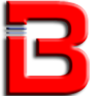 Lettera "B" rossa stilizzata con strisce blu orizzontali.