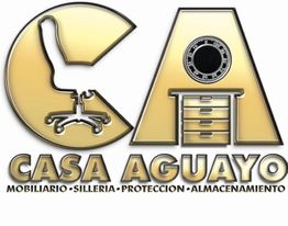 Logotipo de Casa Aguayo con silla de oficina, caja fuerte y mueble de almacenamiento.