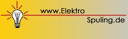 Glühbirne mit Strahlen, Text: "www.ElektroSpuling.de" auf gelb-grauem Hintergrund.