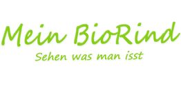 Grüner Text: "Mein BioRind - Sehen was man isst" auf weißem Hintergrund.