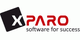Logo mit schwarzem Quadrat und Text "XPARO" in Rot, darunter "software for success".